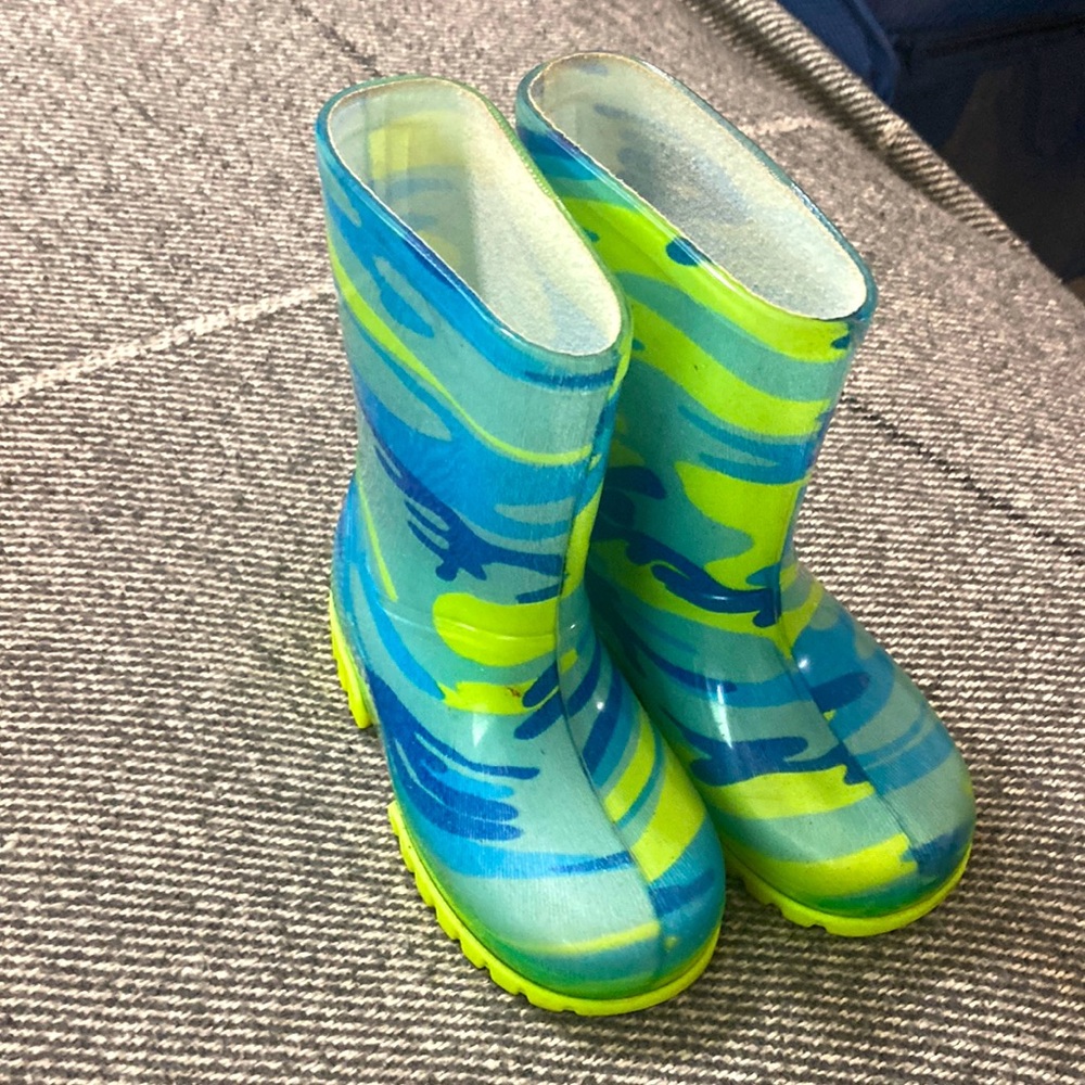 blue/green/yellow camo rain boots